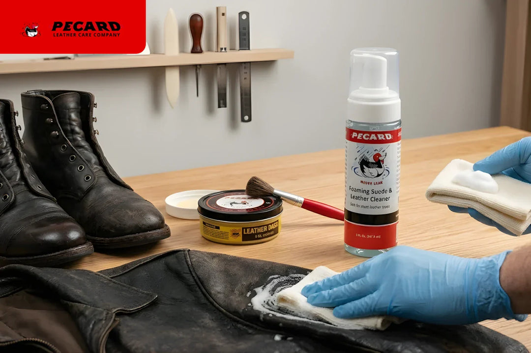 Pecard leather cleaner applied to a leather jacket