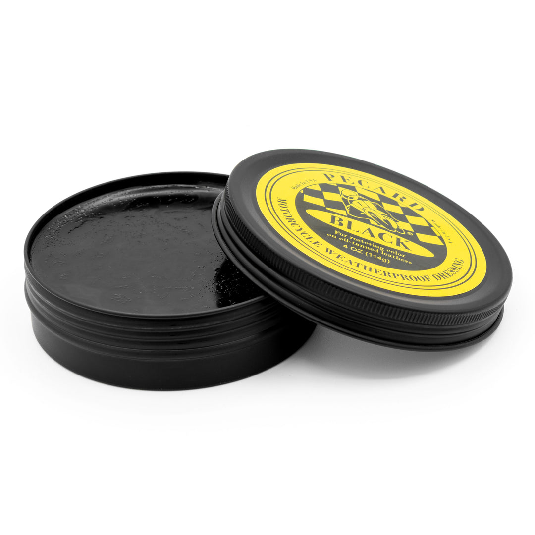 Motorcycle Black Weatherproof Dressing - Pecard Leather Care Company. 4oz Can Open