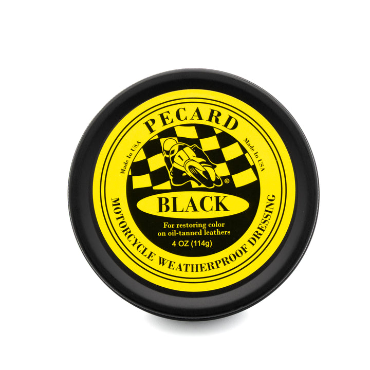 Motorcycle Black Weatherproof Dressing - Pecard Leather Care Company. Top of 4oz Can